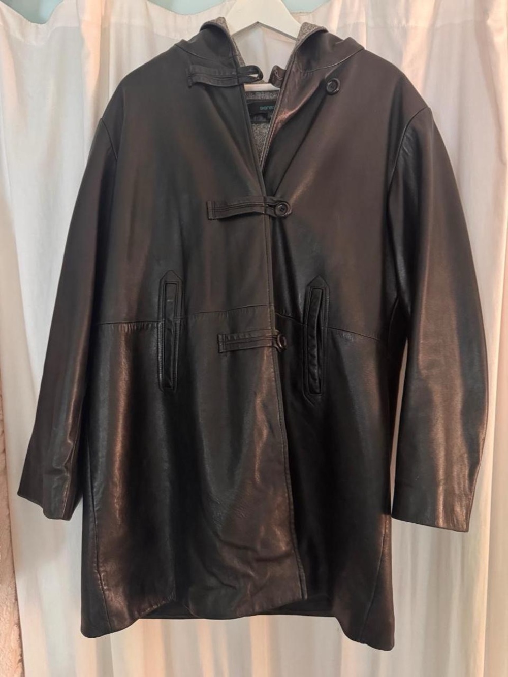 Vintage Siena Studio wool herringbone lined black leather hooded jacket- size L